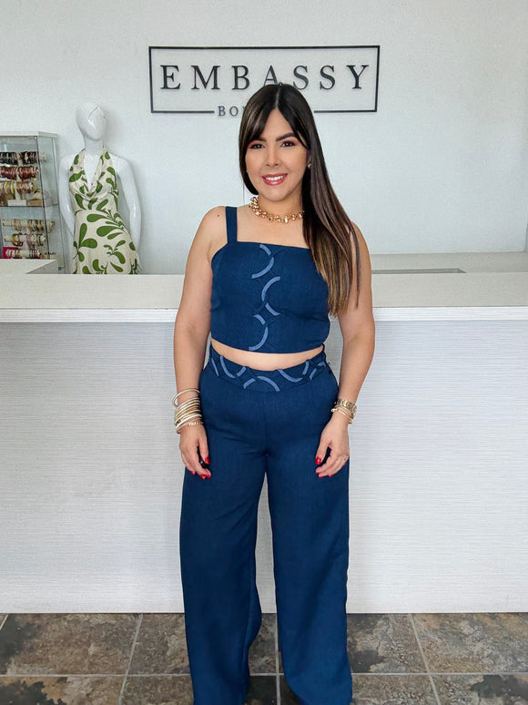 Contrast Color Detail Top With Pants Set