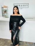 OFF SHOULDER FAUX
LEATHER LONG DRESS