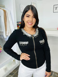 RHINESTONE DETAIL ZIPPER SHIRT