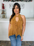 Mustard Ruffle Neck Tie Top
