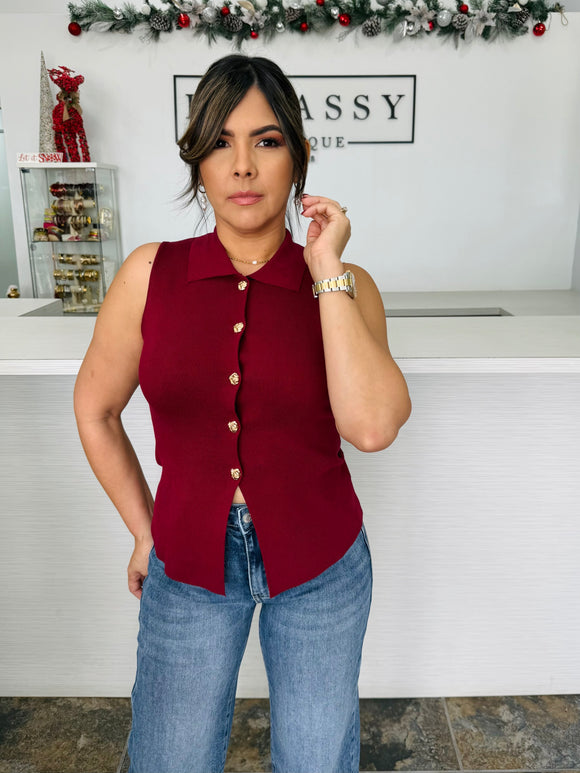 Wine Button-Up Knit Top