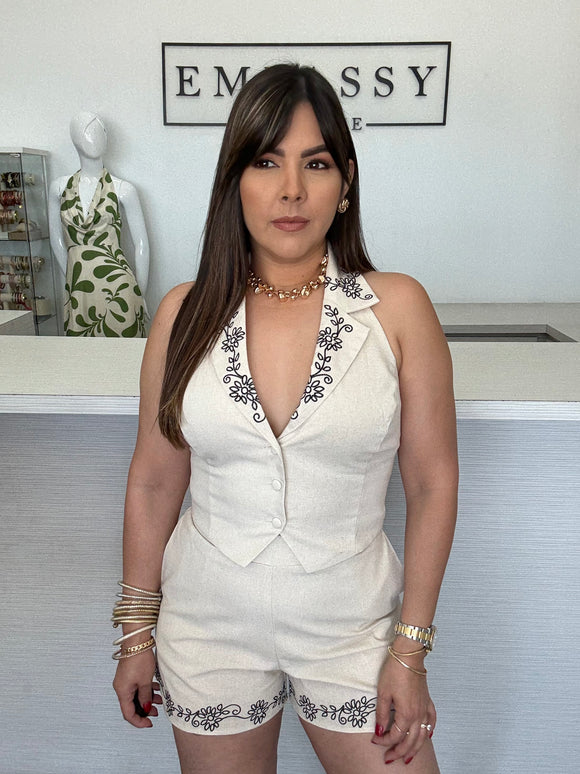 Embroidery Detail Vest With Short Set