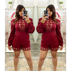 Diamond shape crochet detail cutouts Burgundy romper.