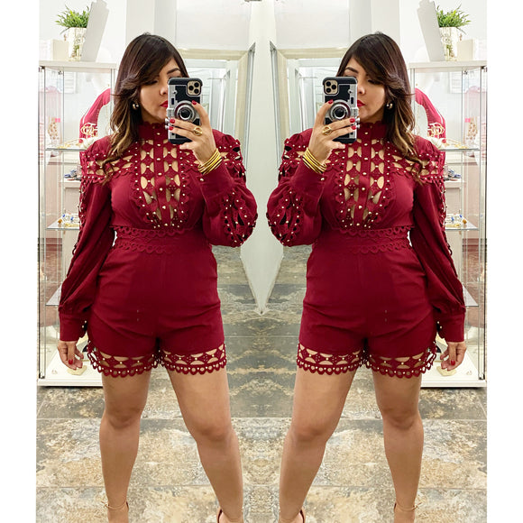 Diamond shape crochet detail cutouts Burgundy romper.